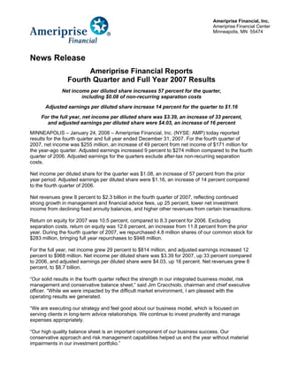 Ameriprise Financial, Inc.
                                                                                   Ameriprise Financial Center
                                                                                   Minneapolis, MN 55474




News Release
                       Ameriprise Financial Reports
                 Fourth Quarter and Full Year 2007 Results
              Net income per diluted share increases 57 percent for the quarter,
                      including $0.08 of non-recurring separation costs
       Adjusted earnings per diluted share increase 14 percent for the quarter to $1.16
     For the full year, net income per diluted share was $3.39, an increase of 33 percent,
       and adjusted earnings per diluted share were $4.03, an increase of 16 percent
MINNEAPOLIS – January 24, 2008 – Ameriprise Financial, Inc. (NYSE: AMP) today reported
results for the fourth quarter and full year ended December 31, 2007. For the fourth quarter of
2007, net income was $255 million, an increase of 49 percent from net income of $171 million for
the year-ago quarter. Adjusted earnings increased 9 percent to $274 million compared to the fourth
quarter of 2006. Adjusted earnings for the quarters exclude after-tax non-recurring separation
costs.

Net income per diluted share for the quarter was $1.08, an increase of 57 percent from the prior
year period. Adjusted earnings per diluted share were $1.16, an increase of 14 percent compared
to the fourth quarter of 2006.

Net revenues grew 8 percent to $2.3 billion in the fourth quarter of 2007, reflecting continued
strong growth in management and financial advice fees, up 25 percent, lower net investment
income from declining fixed annuity balances, and higher other revenues from certain transactions.

Return on equity for 2007 was 10.5 percent, compared to 8.3 percent for 2006. Excluding
separation costs, return on equity was 12.6 percent, an increase from 11.8 percent from the prior
year. During the fourth quarter of 2007, we repurchased 4.8 million shares of our common stock for
$283 million, bringing full year repurchases to $948 million.

For the full year, net income grew 29 percent to $814 million, and adjusted earnings increased 12
percent to $968 million. Net income per diluted share was $3.39 for 2007, up 33 percent compared
to 2006, and adjusted earnings per diluted share were $4.03, up 16 percent. Net revenues grew 8
percent, to $8.7 billion.

“Our solid results in the fourth quarter reflect the strength in our integrated business model, risk
management and conservative balance sheet,” said Jim Cracchiolo, chairman and chief executive
officer. “While we were impacted by the difficult market environment, I am pleased with the
operating results we generated.

“We are executing our strategy and feel good about our business model, which is focused on
serving clients in long-term advice relationships. We continue to invest prudently and manage
expenses appropriately.

“Our high quality balance sheet is an important component of our business success. Our
conservative approach and risk management capabilities helped us end the year without material
impairments in our investment portfolio.”
 