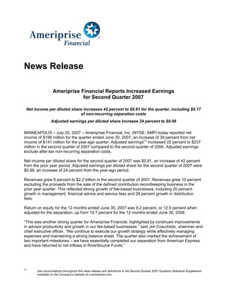 News Release

                  Ameriprise Financial Reports Increased Earnings
                              for Second Quarter 2007

  Net income per diluted share increases 42 percent to $0.81 for the quarter, including $0.17
                             of non-recurring separation costs
                 Adjusted earnings per diluted share increase 24 percent to $0.98

MINNEAPOLIS – July 25, 2007 – Ameriprise Financial, Inc. (NYSE: AMP) today reported net
income of $196 million for the quarter ended June 30, 2007, an increase of 39 percent from net
income of $141 million for the year-ago quarter. Adjusted earnings(1) increased 22 percent to $237
million in the second quarter of 2007 compared to the second quarter of 2006. Adjusted earnings
exclude after-tax non-recurring separation costs.

Net income per diluted share for the second quarter of 2007 was $0.81, an increase of 42 percent
from the prior year period. Adjusted earnings per diluted share for the second quarter of 2007 were
$0.98, an increase of 24 percent from the year-ago period.

Revenues grew 6 percent to $2.2 billion in the second quarter of 2007. Revenues grew 10 percent
excluding the proceeds from the sale of the defined contribution recordkeeping business in the
prior year quarter. This reflected strong growth of fee-based businesses, including 20 percent
growth in management, financial advice and service fees and 28 percent growth in distribution
fees.

Return on equity for the 12 months ended June 30, 2007 was 9.2 percent, or 12.5 percent when
adjusted for the separation, up from 10.7 percent for the 12 months ended June 30, 2006.

“This was another strong quarter for Ameriprise Financial, highlighted by continued improvements
in advisor productivity and growth in our fee-based businesses,” said Jim Cracchiolo, chairman and
chief executive officer. “We continue to execute our growth strategy while effectively managing
expenses and maintaining a strong balance sheet. The quarter also marked the achievement of
two important milestones – we have essentially completed our separation from American Express
and have returned to net inflows in RiverSource Funds.”




(1)
       See reconciliations throughout this news release and definitions in the Second Quarter 2007 Quarterly Statistical Supplement
       available on the Company’s website at ir.ameriprise.com.
 