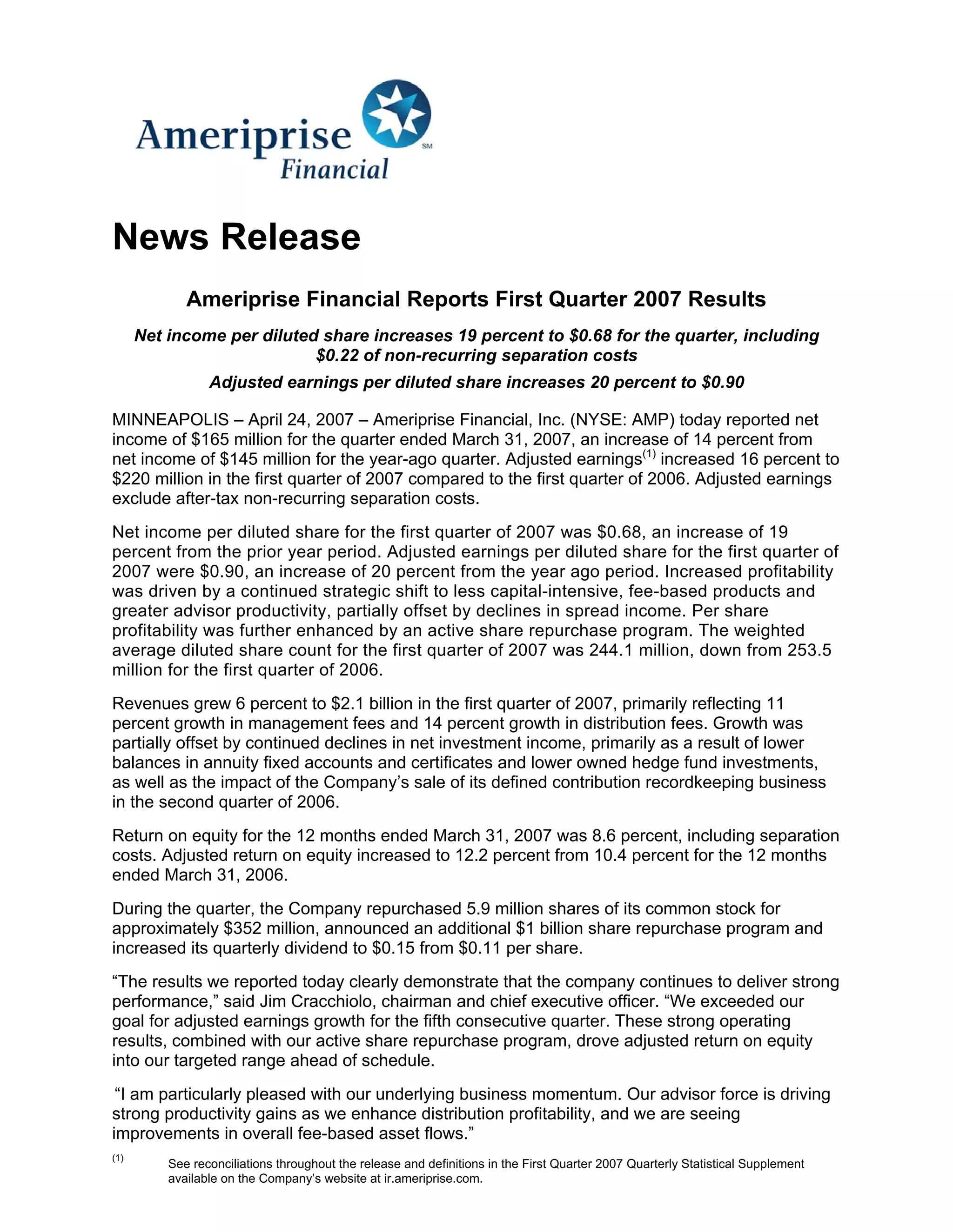 ameriprise 1Q07_Release