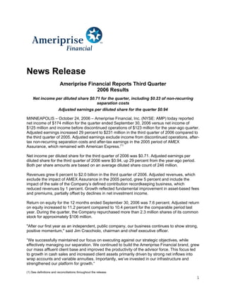 News Release
                          Ameriprise Financial Reports Third Quarter
                                        2006 Results
    Net income per diluted share $0.71 for the quarter, including $0.23 of non-recurring
                                     separation costs
                        Adjusted earnings per diluted share for the quarter $0.94

MINNEAPOLIS – October 24, 2006 – Ameriprise Financial, Inc. (NYSE: AMP) today reported
net income of $174 million for the quarter ended September 30, 2006 versus net income of
$125 million and income before discontinued operations of $123 million for the year-ago quarter.
Adjusted earnings increased 29 percent to $231 million in the third quarter of 2006 compared to
the third quarter of 2005. Adjusted earnings exclude income from discontinued operations, after-
tax non-recurring separation costs and after-tax earnings in the 2005 period of AMEX
Assurance, which remained with American Express.(1)

Net income per diluted share for the third quarter of 2006 was $0.71. Adjusted earnings per
diluted share for the third quarter of 2006 were $0.94, up 29 percent from the year-ago period.
Both per share amounts are based on an average diluted share count of 246 million.

Revenues grew 6 percent to $2.0 billion in the third quarter of 2006. Adjusted revenues, which
exclude the impact of AMEX Assurance in the 2005 period, grew 5 percent and include the
impact of the sale of the Company’s defined contribution recordkeeping business, which
reduced revenues by 1 percent. Growth reflected fundamental improvement in asset-based fees
and premiums, partially offset by declines in net investment income.

Return on equity for the 12 months ended September 30, 2006 was 7.6 percent. Adjusted return
on equity increased to 11.2 percent compared to 10.4 percent for the comparable period last
year. During the quarter, the Company repurchased more than 2.3 million shares of its common
stock for approximately $106 million.

quot;After our first year as an independent, public company, our business continues to show strong,
positive momentum,quot; said Jim Cracchiolo, chairman and chief executive officer.

“We successfully maintained our focus on executing against our strategic objectives, while
effectively managing our separation. We continued to build the Ameriprise Financial brand, grew
our mass affluent client base and improved the productivity of the advisor force. This focus led
to growth in cash sales and increased client assets primarily driven by strong net inflows into
wrap accounts and variable annuities. Importantly, we’ve invested in our infrastructure and
strengthened our platform for growth.”

(1) See definitions and reconciliations throughout the release.
                                                                                                  1
 