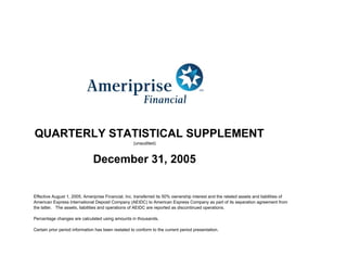 QUARTERLY STATISTICAL SUPPLEMENT
                                                    (unaudited)



                               December 31, 2005


Effective August 1, 2005, Ameriprise Financial, Inc. transferred its 50% ownership interest and the related assets and liabilities of
American Express International Deposit Company (AEIDC) to American Express Company as part of its separation agreement from
the latter. The assets, liabilities and operations of AEIDC are reported as discontinued operations.

Percentage changes are calculated using amounts in thousands.

Certain prior period information has been restated to conform to the current period presentation.
 