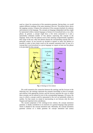 used as a basis for construction of the annotation grammar. Having them, we would
capture different wordings of the same meaning in the text. The picture below shows
the mapping varieties. It depicts the realization of the concepts (similarly for relations
and instances) in the language. The concepts are language independent and they might
be represented within a natural language as form(s) of a lexicalized term, or as a free
phrase. In general, a concept might have a few terms connected to it and a
(potentially) unlimited number of free phrases expressing this concept in the
language. Some of the free phrases receive their meaning compositionally regardless
their usage in the text, other free phrases denote the corresponding concept only in a
particular context. In our lexicons we decided to register as many free phrases as
possible in order to have better recall on the semantic annotation task. In case of a
concept that is not-lexicalized in a given language we require at least one free phrase
to be provided for this concept.
Fig. 1. Ontology-to-Text relation
We could summarize the connection between the ontology and the lexicons in the
following way: the ontology represents the semantic knowledge in form of concepts
and relations with appropriate axioms; and the lexicons represent the ways in which
these concepts can be realized in texts in the corresponding languages. Of course, the
ways in which a concept could be represented in the text are potentially infinite in
number. For that reason we aimed at rep-resenting in our lexicons only the most
frequent and important terms and phrases.
The second component of the ontology-to-text relation, the concept annotation
grammar, is ideally considered as an extension of a general language deep grammar
which is adopted to the concept annotation task. Minimally, the concept annotation
grammar consists of a chunk grammar for concept annotation and (sense)
Ontolog
y
al
alalal
Lexicalize
d
Terms
Free
Phrases
 