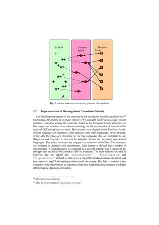 Fig. 2. relation between lexical items, grammar rules and text
3.2 Implementation of Ontology-based Translation Module
Our first implementation of the ontology-based translation module used EuroVoc10
multilingual taxonomy as its main ontology. We consider EuroVoc as a light-weight
ontology. EuroVoc covers the concepts related to the European Union activities. In
this respect we consider it as a domain ontology for the main topics of interest to the
users of EUCases project services. The lexicons were aligned within EuroVoc for the
official languages of European Union and also some other languages. In this respect,
it provides the necessary inventory for the two languages that are important to us:
Bulgarian and English. It also can be extended further for the other represented
languages. The actual concepts are mapped via numerical identifiers. The concepts
are arranged in domains and microthesauri. Each domain is divided into a number of
microthesauri. A microthesaurus is considered as a concept scheme with a subset of the
concepts that are part of the complete EuroVoc thesaurus. The main relations encoded in
EuroVoc that we exploit are: "skos:broader"11
, "skos:related" and
"xl:prefLabel", defined in http://www.w3.org/2009/08/skos-reference/skos.html and
http://www.w3.org/TR/skos-reference/skos-xl.html documents. The Tab. 1 contains a few
examples of the interrelations of concepts in EuroVoc. Exploiting these relations we define
different query expansion approaches.
10
http://eurovoc.europa.eu/
11
Also its reverse relation "skos:narrower"
Lexical
Items
Grammar
Rules
Domain
Texts
 