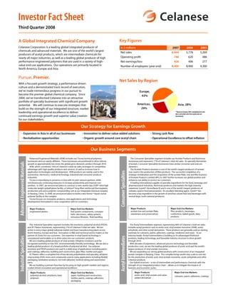 Investor Fact Sheet
Third Quarter 2008

                                                                                                                            Key Figures
A Global Integrated Chemical Company
Celanese Corporation is a leading global integrated producer of                                                                                                                                     2007                2006                   2005
                                                                                                                            in $ millions
chemicals and advanced materials. We are one of the world’s largest
                                                                                                                                                                                                   6,444
                                                                                                                            Net sales                                                                                   5,778                 5,269
producers of acetyl products, which are intermediate chemicals for
                                                                                                                                                                                                     748
                                                                                                                            Operating profit                                                                               620                   486
nearly all major industries, as well as a leading global producer of high
performance engineered polymers that are used in a variety of high-                                                                                                                                  426
                                                                                                                            Net earnings/loss                                                                              406                   277
value end-use applications. Our operations are primarily located in                                                                                                                                8,400
                                                                                                                            Number of employees (year end)                                                              8,900                 9,300
North America, Europe and Asia.


Pursue. Premier.
                                                                                                                            Net Sales by Region
With a focused growth strategy, a performance-driven
culture and a demonstrated track record of execution,
we’ve made tremendous progress in our pursuit to                                                                                                               Europe,
become the premier global chemical company. Since                                                                                                               43%
2000, we’ve transformed Celanese into an attractive
portfolio of specialty businesses with significant growth
                                                                                                                                                             Americas,                                    Asia, 28%
potential. We will continue to execute strategies that
                                                                                                                                                               29%
build on the strength of our integrated structure, market
leadership and operational excellence to deliver                                                                                                                                                       **Based on Celanese 2007 consolidated net sales
                                                                                                                                                                                                       (does not include sales from equity and cost
continued earnings growth and superior value creation                                                                                                                                                  investments)
for our stakeholders.

                                                                                          Our Strategy for Earnings Growth
          - Expansion in Asia in all of our businesses                                      - Innovation to deliver value-added solutions                                   - Strong cash flow
          - Revitalization opportunities                                                    - Organic growth around core acetyl chain                                       - Operational Excellence to offset inflation


                                                                                                     Our Business Segments
                                   Advanced Engineered Materials (AEM) includes our Ticona technical polymers                                        The Consumer Specialties segment includes our Acetate Products and Nutrinova
                                 businesses and our equity affiliates. These businesses are positioned to drive volume                             businesses and represents 17% of Celanese’s total net sales. As specialty derivatives
 Advanced Engineered Materials




                                 growth at approximately two times the global gross domestic product through 2010.                                 of acetyls, Consumer Specialties businesses have similar consumer and end-use
                                   AEM, which constitutes 16% of Celanese’s total net sales, leverages its competitive                             dynamics.
                                 advantage with high-quality products and services, as well as its know-how in                                       Our Acetate Products business is one of the world’s largest producers of acetate
                                                                                                                            Consumer Specialties




                                 application technologies and development. AEM products are mainly used in the                                     tow, used in the production of filter products. The successful completion of a
                                 automotive, electronics, medical technology, industrial and consumer products                                     strategic revitalization and the acquisition of the acetate flake, tow and film business
                                 industries.                                                                                                       of Acetate Products Limited (APL) in 2007 further increases our global position and
                                   Ticona is intensifying its presence in Asia with its joint venture partners, while                              enhances our ability to service our customers.
                                 simultaneously continuing measures to increase productivity and improve cost                                        A leading international supplier of specialty ingredients for the food, beverage and
                                 position. In 2007, we announced plans to construct a new, world-class GUR® ultra-high                             pharmaceutical industries, Nutrinova produces and markets the high intensity
                                 molecular weight polyethylene facility, a Celstran® long-fiber reinforced thermoplastic                           sweetener Sunett® (Acesulfame K) and is one of the world’s largest producers of
                                 production unit and a polymer compounding unit at our integrated chemical complex                                 sorbates used in food preservatives. An excellent blending agent, Sunett® has
                                 in Nanjing, China. In 2008, we announced plans to build a new Vectra ® liquid crystal                             become a key ingredient in the growth of zero/low calorie food and beverages with
                                 polymer facility at the complex.                                                                                  several large, multi-national producers.
                                   Ticona focuses on innovative products, new applications and technology
                                 development formulated in close cooperation with its customers.


                                                                                                                                                     Major Products:                              Major End-Use Markets:
                                   Major Products:                             Major End-Use Markets:
                                                                                                                                                     acetate tow and acetate flake;               filter products, beverages,
                                   engineered plastics                         fuel system components, conveyor
                                                                                                                                                     sweeteners and preservatives                 confections, baked goods, dairy
                                                                               belts, electronics, safety systems,
                                                                                                                                                                                                  products
                                                                               emissions filtration, fluid handling


                                   The Industrial Specialties segment includes the emulsions, polyvinyl alcohol (PVOH),                              The Acetyl Intermediates segment, representing 46% of Celanese’s total net sales,
                                 and AT Plastics businesses, representing 21% of Celanese’s total net sales. We are                                includes acetyl products such as acetic acid, vinyl acetate monomer (VAM), acetic
                                 active in every major global industrial market and have manufacturing plants across                               anhydride, and other acetyl derivatives. These products are generally used as starting
                                 North America, Europe and Asia. Innovation in R&D and technical service makes us the                              materials for colorants, paints, adhesives, coatings, medicines and more. As an
                                 partner of choice for our customers. Our expertise in vinyl-based technology is                                   industry leader, Acetyl Intermediates is building on its advantaged feedstock
 Industrial Specialties




                                                                                                                            Acetyl Intermediates




                                 unsurpassed and enables us to drive value into our customers’ products.                                           positions, leading technology, and favorable industry structure to drive growth
                                   We are a leading global producer of vinyl acetate /ethylene emulsions and the                                   through 2010.
                                 recognized authority on low VOC (environmentally-friendly) technology. We are also a                                With decades of experience, advanced process technology and favorable
                                 leading global producer of a broad portfolio of polyvinyl alcohol. Our polymer                                    production costs, we are the leading global producer of acetic acid and the world’s
                                 emulsion and PVOH products are used in a wide array of applications including paints                              largest producer of vinyl acetate monomer.
                                 and coatings, adhesives, building and construction, glass fiber, textiles and paper.                                We are expanding our strong global positions with construction of an integrated
                                   AT Plastics offers a complete line of low density polyethylene and specialty, ethylene                          acetyls complex in Nanjing, China. This complex brings world-class scale to one site
                                 vinyl acetate (EVA) resins and compounds used in many applications including flexible                             for the production of acetic acid, vinyl acetate monomer, acetic anhydride and other
                                 packaging, lamination products, hot melt adhesive, medical tubing and automotive                                  Celanese products.
                                 parts.                                                                                                              Our hybrid structure – a mix of intermediate and performance chemicals with the
                                   We are building a premier franchise by focusing on high-growth markets and regions,                             strength of our integrated product chain – allows us to mitigate the impacts of
                                 market-driven innovation and operational excellence.                                                              business and economic cycles.

                                                                                                                                                          Major Products:                             Major End-Use Markets:
                                   Major Products:                             Major End-Use Markets:
                                                                                                                                                          acetic acid, vinyl acetate and value-
                                   polyvinyl alcohol, emulsions, basic         paper, building and construction,                                                                                      colorants, paints, adhesives, coatings
                                                                                                                                                          added derivatives
                                   polymers                                    textiles, paints, coatings, adhesives,
                                                                               packaging
 
