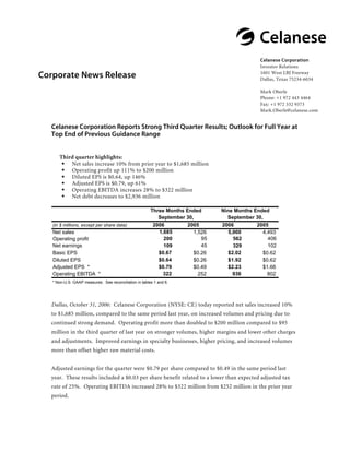 @Celanese
                                                                                              Celanese Corporation
                                                                                              Investor Relations
                                                                                              1601 West LBJ Freeway
Corporate News Release                                                                        Dallas, Texas 75234-6034

                                                                                              Mark Oberle
                                                                                              Phone: +1 972 443 4464
                                                                                              Fax: +1 972 332 9373
                                                                                              Mark.Oberle@celanese.com


  Celanese Corporation Reports Strong Third Quarter Results; Outlook for Full Year at
  Top End of Previous Guidance Range


      Third quarter highlights:
          Net sales increase 10% from prior year to $1,685 million
          Operating profit up 111% to $200 million
          Diluted EPS is $0.64, up 146%
          Adjusted EPS is $0.79, up 61%
          Operating EBITDA increases 28% to $322 million
          Net debt decreases to $2,936 million

                                                        Three Months Ended      Nine Months Ended
                                                           September 30,          September 30,
                                                         2006         2005      2006         2005
   (in $ millions, except per share data)
                                                           1,685                   5,000
   Net sales                                                            1,526                  4,493
                                                                           95                    406
                                                             200                     562
   Operating profit
   Net earnings                                                            45                    102
                                                             109                     329
                                                           $0.67                   $2.02
   Basic EPS                                                            $0.26                  $0.62
                                                           $0.64                   $1.92
   Diluted EPS                                                          $0.26                  $0.62
                                                           $0.79                   $2.23
   Adjusted EPS *                                                       $0.49                  $1.66
                                                             322                     936
   Operating EBITDA *                                                     252                    802
   * Non-U.S. GAAP measures. See reconciliation in tables 1 and 6.




  Dallas, October 31, 2006: Celanese Corporation (NYSE: CE) today reported net sales increased 10%
  to $1,685 million, compared to the same period last year, on increased volumes and pricing due to
  continued strong demand. Operating profit more than doubled to $200 million compared to $95
  million in the third quarter of last year on stronger volumes, higher margins and lower other charges
  and adjustments. Improved earnings in specialty businesses, higher pricing, and increased volumes
  more than offset higher raw material costs.


  Adjusted earnings for the quarter were $0.79 per share compared to $0.49 in the same period last
  year. These results included a $0.03 per share benefit related to a lower than expected adjusted tax
  rate of 25%. Operating EBITDA increased 28% to $322 million from $252 million in the prior year
  period.
 
