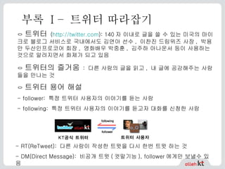 부록  I –  트위터 따라잡기 ㅇ  트위터   ( http:// twitter.com ): 140 자 이내로 글을 쓸 수 있는 미국의 마이크로 블로그 서비스로 국내에서도 김연아 선수 ,  이찬진 드림위즈 사장 ,  박용만 두산인프로코어 회장 ,  영화배우 박중훈 ,  김주하 아나운서 등이 사용하는 것으로 알려지면서 화제가 되고 있음 ㅇ  트위터의 즐거움   :  다른 사람의 글을 읽고 ,  내 글에 공감해주는 사람들을 만나는 것 ㅇ  트위터 용어 해설 - follower:  특정 트위터 사용자의 이야기를 듣는 사람 - following:  특정 트위터 사용자의 이야기를 듣고자 대화를 신청한 사람 - RT(ReTweet):  다른 사람이 작성한 트윗을 다시 한번 트윗 하는 것 - DM(Direct Message):  비공개 트윗 ( 귓말기능 ), follower 에게만 보낼수 있음 