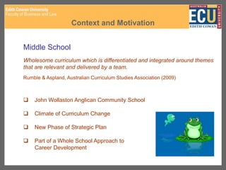 Context and Motivation
Middle School
Wholesome curriculum which is differentiated and integrated around themes
that are relevant and delivered by a team.
Rumble & Aspland, Australian Curriculum Studies Association (2009)
 John Wollaston Anglican Community School
 Climate of Curriculum Change
 New Phase of Strategic Plan
 Part of a Whole School Approach to
Career Development
 