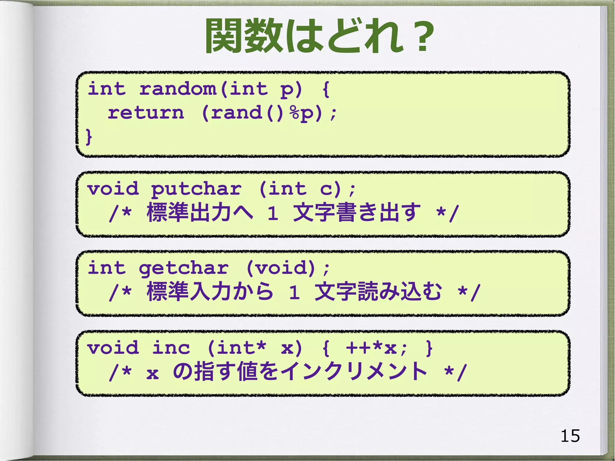 int random(int p) {
  return (rand()%p);
}

void putchar (int c);
  /* 標準出力へ 1 文字書き出す */

int getchar (void);
  /* 標準入力から 1 文字読み込む */

void inc (int* x) { ++*x; }
  /* x の指す値をインクリメント */
 