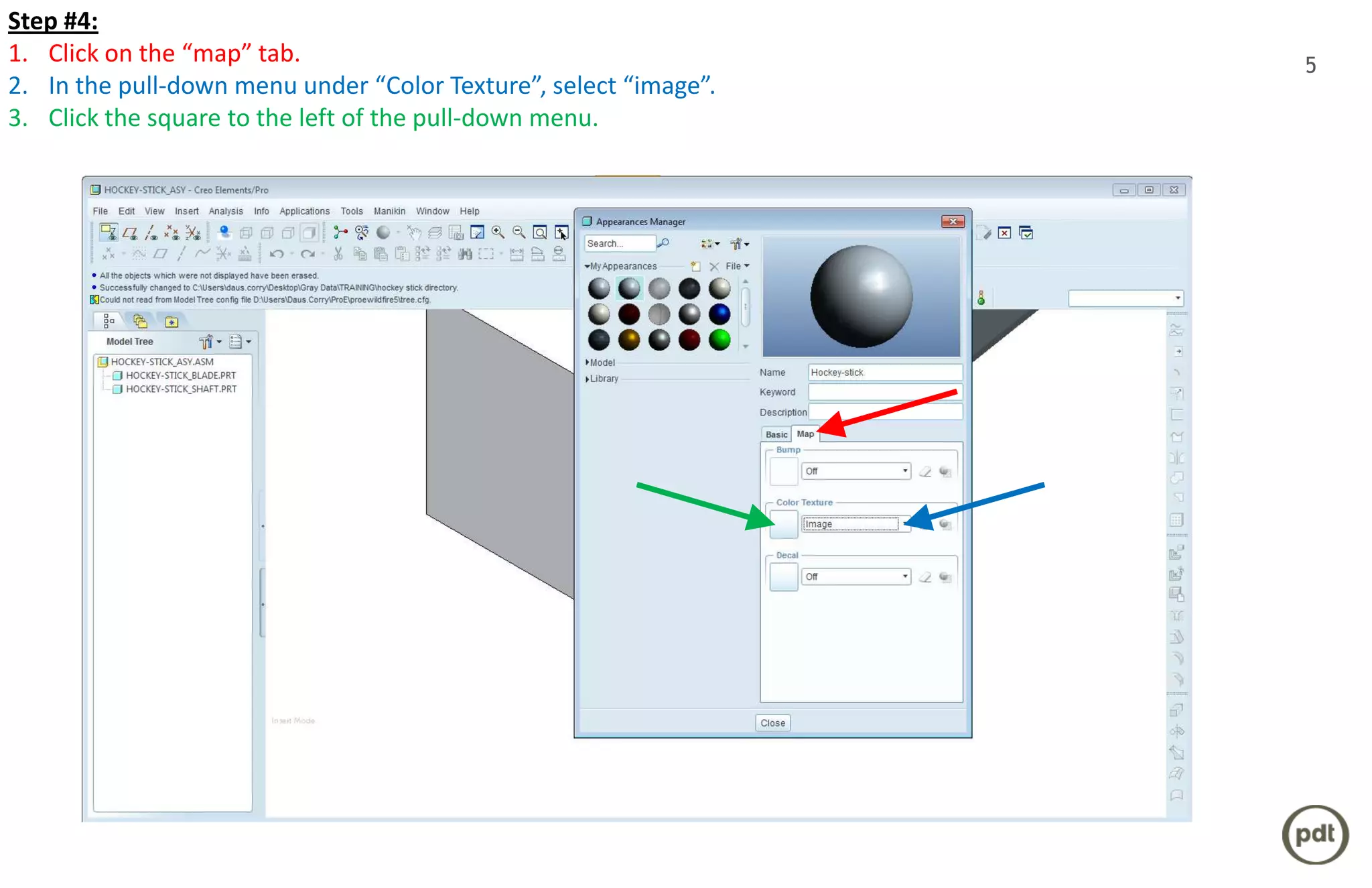 Step #4:
1. Click on the “map” tab.                                        5
2. In the pull-down menu under “Color Texture”, select “image”.
3. Click the square to the left of the pull-down menu.
 