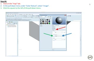 Step #4:
1. Click on the “map” tab.                                        5
2. In the pull-down menu under “Color Texture”, select “image”.
3. Click the square to the left of the pull-down menu.
 