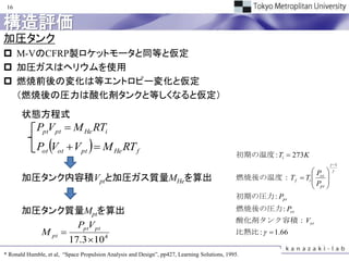 16


構造評価
加圧タンク
 M-VのCFRP製ロケットモータと同等と仮定
 加圧ガスはヘリウムを使用
 燃焼前後の変化は等エントロピー変化と仮定
  （燃焼後の圧力は酸化剤タンクと等しくなると仮定）
       状態方程式
             PptVpt  M He RTi
             Pot Vot  Vpt   M He RT f
                                                                                              初期の温度 : Ti  273K
                                                                                                                         1
                                                                                                               Pot     
       加圧タンク内容積Vptと加圧ガス質量MHeを算出                                                               燃焼後の温度：T f  Ti      
                                                                                                              P 
                                                                                                               pt 
                                                                                              初期の圧力 : Ppt

       加圧タンク質量Mptを算出                                                                           燃焼後の圧力 : Pot
                                                                                              酸化剤タンク容積：Vot
                  PptV pt
         M pt                                                                                比熱比 :   1.66
                17.3 10 4
* Ronald Humble, et al, “Space Propulsion Analysis and Design”, pp427, Learning Solutions, 1995.
 