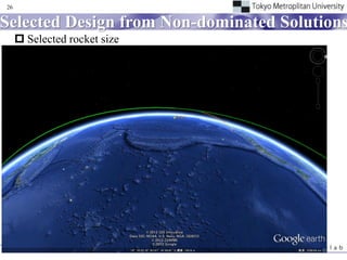 26


Selected Design from Non-dominated Solutions
      Selected rocket size
              Length of rocket                    [m]                            20.8
              Diameter of rocket                  [m]                            1.46
              Aspect ratio of rocket              [-]                            14.3


                                                        1st stage         2nd stage               3rd stage
              Length                   [m]                8.22               6.57                   6.06
              Diameter                 [m]                1.45               1.46                   1.07
              Gross mass               [ton]              8.07               4.09                   0.70
              Structural mass          [ton]              1.78               0.49                   0.10
              Structural mass ratio [%]                   22.1               11.9                   14.5
                                                          20.8
                       8.22                               6.57                             6.06
              1.35                                      1.36                        0.97
                                                                                                              1.46


     1.21   2.18         3.21      1.61        2.29     1.06     2.11   1.11 2.06 0.35 0.99 0.64 2.02
 