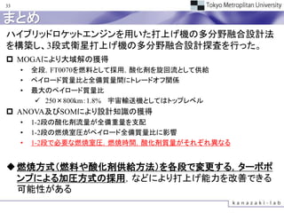 33


まとめ
ハイブリッドロケットエンジンを用いた打上げ機の多分野融合設計法
を構築し、3段式衛星打上げ機の多分野融合設計探査を行った。
 MOGAにより大域解の獲得
     •   全段，FT0070を燃料として採用，酸化剤を旋回流として供給
     •   ペイロード質量比と全備質量間にトレードオフ関係
     •   最大のペイロード質量比
           250×800km：1.8% 宇宙輸送機としてはトップレベル
 ANOVA及びSOMにより設計知識の獲得
     •   1-2段の酸化剤流量が全備重量を支配
     •   1-2段の燃焼室圧がペイロード全備質量比に影響
     •   1-2段で必要な燃焼室圧，燃焼時間，酸化剤質量がそれぞれ異なる


 燃焼方式（燃料や酸化剤供給方法）を各段で変更する，ターボポ
  ンプによる加圧方式の採用，などにより打上げ能力を改善できる
  可能性がある
 