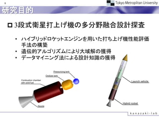8


研究目的
     3段式衛星打上げ機の多分野融合設計探査

     • ハイブリッドロケットエンジンを用いた打ち上げ機性能評価
       手法の構築
     • 遺伝的アルゴリズムにより大域解の獲得
     • データマイニング法による設計知識の獲得
 