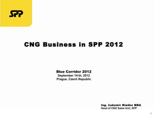 CNG Business in SPP 2012



       Blue Corridor 2012
        September 14-th, 2012
       Prague, Czech Republic




                                Ing. Ľubomír Blaško MBA
                                Head of CNG Sales Unit, SPP

                                                              1
 