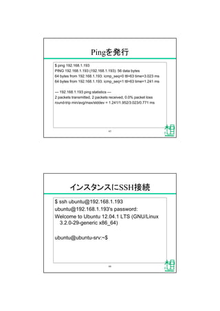 Pingを発行
$ ping 192.168.1.193
PING 192.168.1.193 (192.168.1.193): 56 data bytes
64 bytes from 192.168.1.193: icmp_seq=0 ttl=63 time=3.023 ms
64 bytes from 192.168.1.193: icmp_seq=1 ttl=63 time=1.241 ms
--- 192.168.1.193 ping statistics ---
2 packets transmitted, 2 packets received, 0.0% packet loss
round-trip min/avg/max/stddev = 1.241/1.952/3.023/0.771 ms
65
インスタンスにSSH接続
$ ssh ubuntu@192.168.1.193
ubuntu@192.168.1.193's password:
Welcome to Ubuntu 12.04.1 LTS (GNU/Linux
3.2.0-29-generic x86_64)
ubuntu@ubuntu-srv:~$
66
 