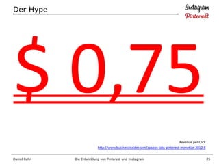 Der Hype




                                                                                Revenue per Click
                            http://www.businessinsider.com/zappos-labs-pinterest-monetize-2012-8


Daniel Rehn   Die Entwicklung von Pinterest und Instagram                                           25
 