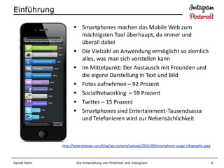 Einführung

                     Smartphones machen das Mobile Web zum
                      mächtigsten Tool überhaupt, da immer und
                      überall dabei
                     Die Vielzahl an Anwendung ermöglicht so ziemlich
                      alles, was man sich vorstellen kann
                     Im Mittelpunkt: Der Austausch mit Freunden und
                      die eigene Darstellung in Text und Bild
                     Fotos aufnehmen – 92 Prozent
                     SocialNetworking – 59 Prozent
                     Twitter – 15 Prozent
                     Smartphones sind Entertainment-Tausendsassa
                      und Telefonieren wird zur Nebensächlichkeit



              http://www.tatango.com/blog/wp-content/uploads/2011/09/smartphone-usage-infographic.jpeg



Daniel Rehn           Die Entwicklung von Pinterest und Instagram                                        9
 
