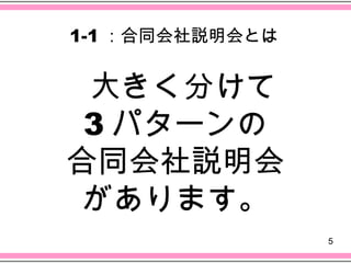 1-1 ：合同会社説明会とは


　大きく分けて
 3 パターンの
合同会社説明会
 があります。
                 5
 