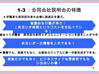 1-3 ：合同会社説明会の特徴
 ■ 求職者も採用担当者も会場に直接足を運ぶ。

          能動的な行動が伴う！
     （お互いが時間というコストを支払ってい
              る）
接会って求職者・採用担当者同 士がコミュニケーションを図ることができる


       お互いが一次情報を入手できる！

■ 書類でも、面接でもなく、比較的カジュアルに第一印象形成ができる。

  視覚だけでもなく、ビジネスライクな雰囲気でもな
          い出会いの場！
                                9
 