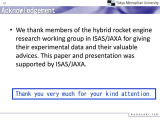 23


Acknowledgement

     • We thank members of the hybrid rocket engine
       research working group in ISAS/JAXA for giving
       their experimental data and their valuable
       advices. This paper and presentation was
       supported by ISAS/JAXA.



      Thank you very much for your kind attention.
 