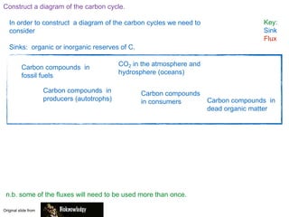 Construct a diagram of the carbon cycle.
CO2 in the atmosphere and
hydrosphere (oceans)
In order to construct a diagram of the carbon cycles we need to
consider
Sinks: organic or inorganic reserves of C.
Carbon compounds in
producers (autotrophs)
Carbon compounds
in consumers Carbon compounds in
dead organic matter
Key:
Sink
Flux
n.b. some of the fluxes will need to be used more than once.
Original slide from
Carbon compounds in
fossil fuels
 