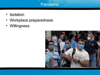 Pandemic

• Isolation
• Workplace preparedness
• Willingness
 