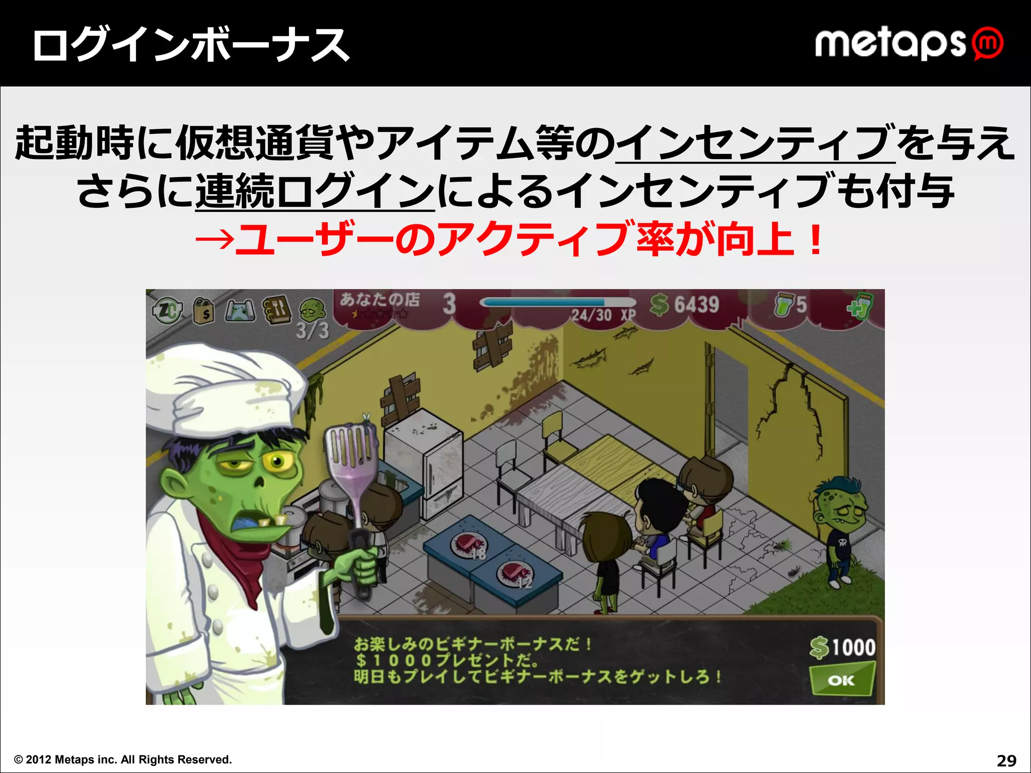 ログインボーナス

起動時に仮想通貨やアイテム等のインセンティブを与え
  さらに連続ログインによるインセンティブも付与
     →ユーザーのアクティブ率が向上！




© 2012 Metaps inc. All Rights Reserved.   29
 