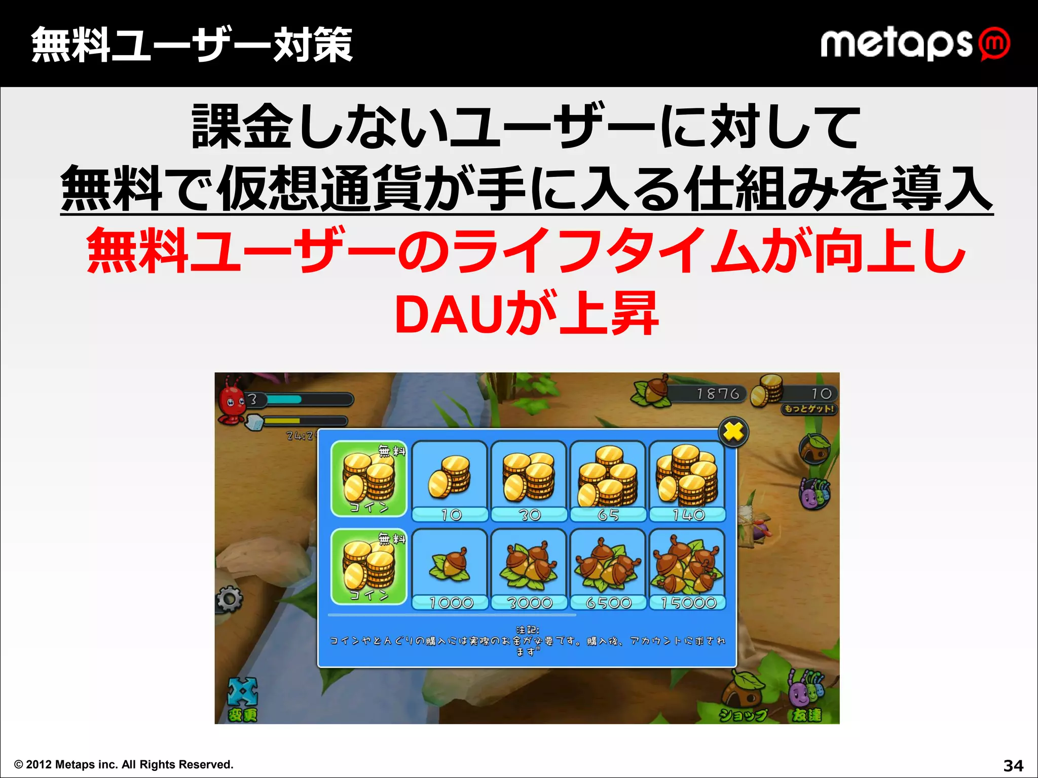 無料ユーザー対策

          課金しないユーザーに対して
        無料で仮想通貨が手に入る仕組みを導入
        無料ユーザーのライフタイムが向上し
              DAUが上昇




© 2012 Metaps inc. All Rights Reserved.   34
 