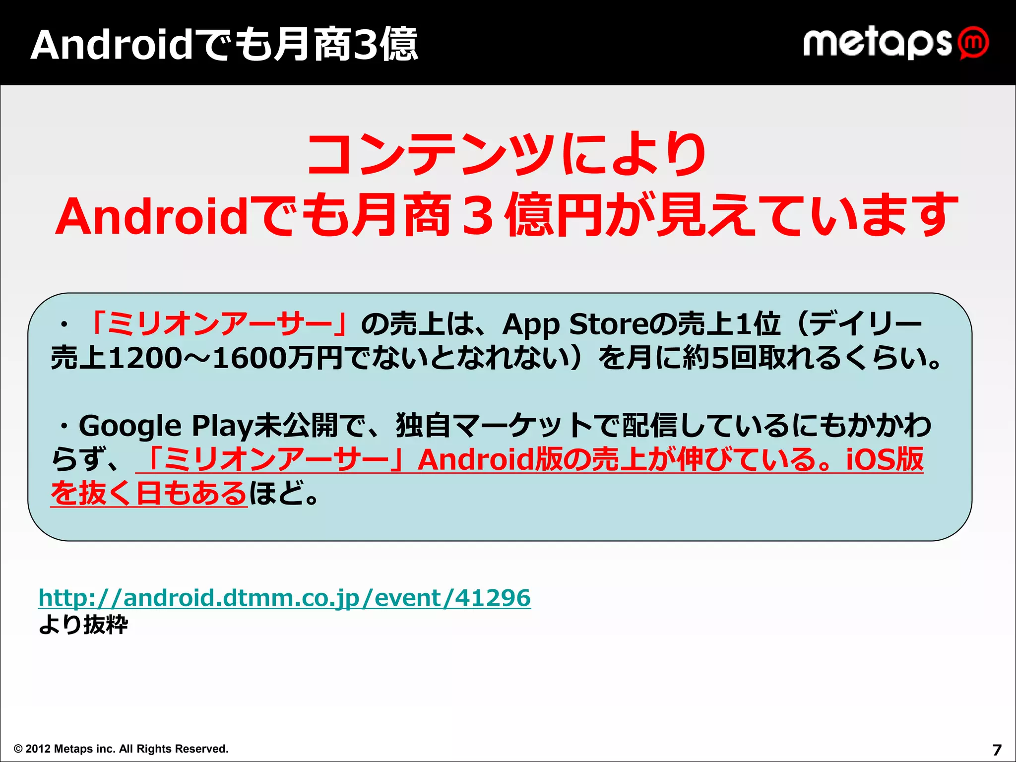Androidでも月商3億

               コンテンツにより
       Androidでも月商３億円が見えています
      ・「ミリオンアーサー」の売上は、App Storeの売上1位（デイリー
      売上1200～1600万円でないとなれない）を月に約5回取れるくらい。

      ・Google Play未公開で、独自マーケットで配信しているにもかかわ
      らず、「ミリオンアーサー」Android版の売上が伸びている。iOS版
      を抜く日もあるほど。


    http://android.dtmm.co.jp/event/41296
    より抜粋




© 2012 Metaps inc. All Rights Reserved.      7
 