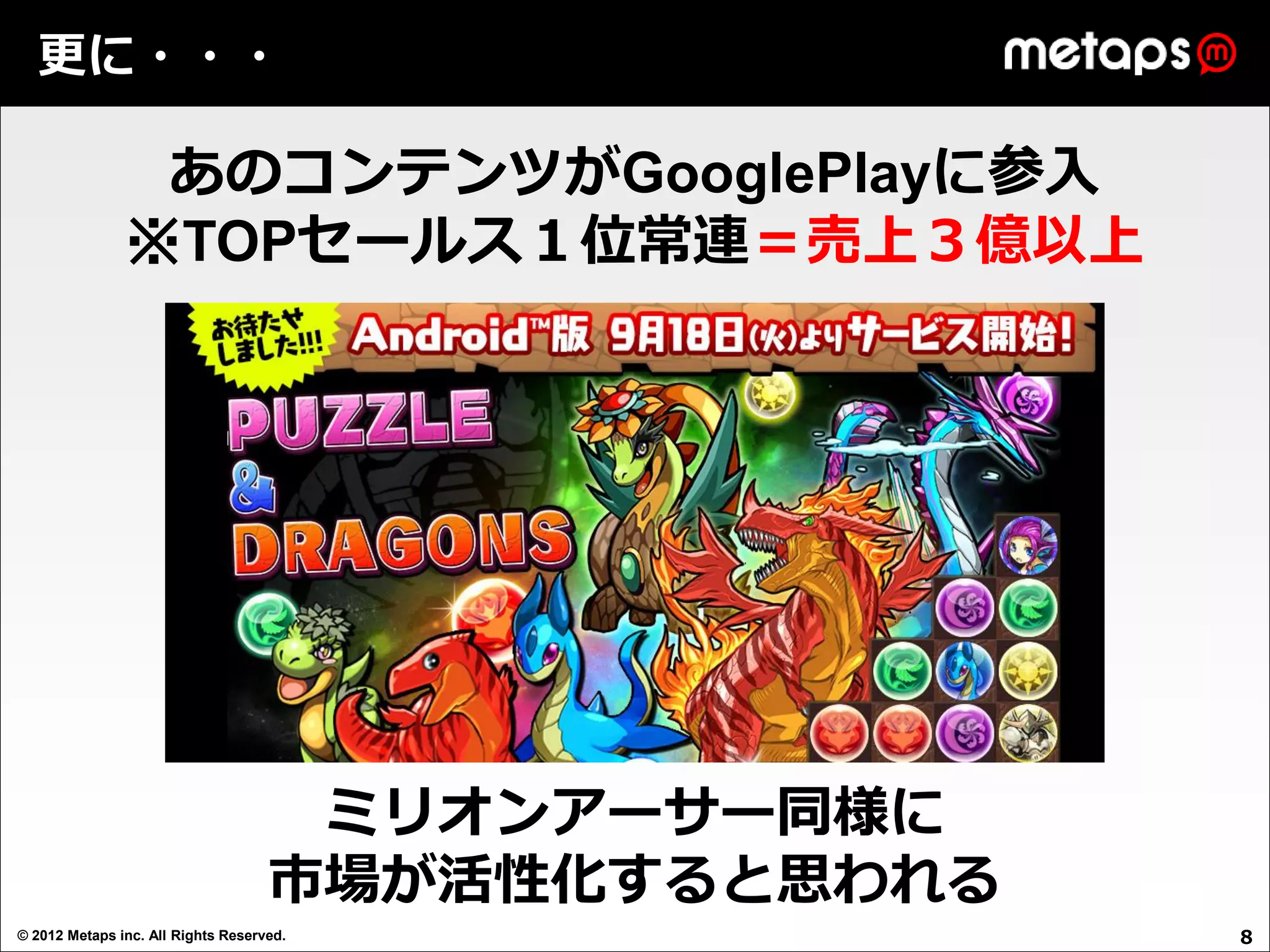 更に・・・

                あのコンテンツがGooglePlayに参入
               ※TOPセールス１位常連＝売上３億以上




                                     ミリオンアーサー同様に
                                    市場が活性化すると思われる
© 2012 Metaps inc. All Rights Reserved.             8
 