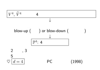 V 4 , V 4  4 Ԫȩ`å?եζ
                  
  ȩ`å?եζΤߤUɤ
  blow-up (k) or blow-down (k)
                 
          P4 : 4 ԪӰg
?2 Ԫ, 3 ԪǤַͬǷ
?5 ԪϤǤϲ
? d = 4 ߥڥå PC һLg (1998)
 