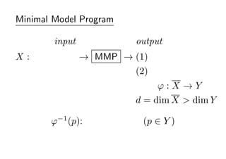Minimal Model Program

        input           output
X :   MMP  (1) OСǥ
                        (2) ɭեЩ`g
                            :XY
                        d = dim X > dim Y

       ?1 (p): եζ (p  Y )
 