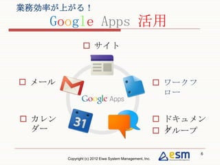 業務効率が上がる！
    Google Apps 活用
                 サイト



 メール                                                      ワークフロー



 カレンダー                                                    ドキュメント
                                                           グループ

                                                                 6
        Copyright (c) 2012 Eiwa System Management, Inc.
 