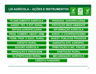 LEI AGRÍCOLA – AÇÕES E INSTRUMENTOS



PLANEJAMENTO AGRÍCOLA         PESQUISA AGROPECUÁRIA
 ASSIST. TÉC. E EXT. RURAL    PROTEÇÃO MEIO AMBIENTE
 DEFESA AGROPECUÁRIA           INFORMAÇÃO AGRÍCOLA
PROD. COMERC. ABAST. ARM.     ASSOC. E COOPERATIVISMO
FORM. PROF. E EDUC. RURAL    INVEST. PÚBLICOS PRIVADOS
     CRÉDITO RURAL            GARANTIA ATIV. AGROPEC.
    SEGURO AGRÍCOLA           TRIBUTAÇÃO E INC. FISCAIS
 IRRIGAÇÃO E DRENAGEM            HABITAÇÃO RURAL
  ELETRIFICAÇÃO RURAL          MECANIZAÇÃO AGRÍCOLA
                   CRÉDITO FUNDIÁRIO

                                                          16
 