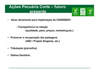 Ações Pecuária Corte – futuro
          presente

•  Atuar ativamente para implantação do CONSEBOV

       - Transparência na relação
               (qualidade, peso, preços, marketing,etc.)

• Promover a recuperação das pastagens
              (ABC / Projeto Singenta, etc.)

• Tributação (pis/cofins)

• Defesa Sanitária.
 