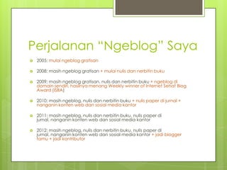 Perjalanan “Ngeblog” Saya
   2005: mulai ngeblog gratisan

   2008: masih ngeblog gratisan + mulai nulis dan nerbitin buku

   2009: masih ngeblog gratisan, nulis dan nerbitin buku + ngeblog di
    domain sendiri, hasilnya menang Weekly winner of Internet Sehat Blog
    Award (ISBA)

   2010: masih ngeblog, nulis dan nerbitin buku + nulis paper di jurnal +
    nanganin konten web dan sosial media kantor

   2011: masih ngeblog, nulis dan nerbitin buku, nulis paper di
    jurnal, nanganin konten web dan sosial media kantor

   2012: masih ngeblog, nulis dan nerbitin buku, nulis paper di
    jurnal, nanganin konten web dan sosial media kantor + jadi blogger
    tamu + jadi kontributor
 