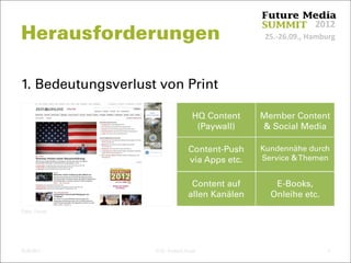 25.‐26.09., Hamburg
2012
Herausforderungen
25.09.2012 © Dr. Dominik Faust 2
1. Bedeutungsverlust von Print
Foto: Faust
Content-Push
via Apps etc.
HQ Content
(Paywall)
Member Content
& Social Media
Kundennähe durch
Service &Themen
E-Books,
Onleihe etc.
Content auf
allen Kanälen
 