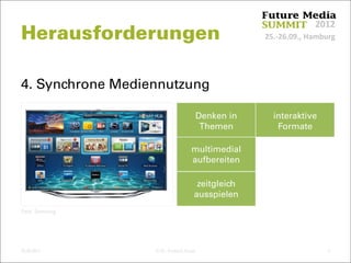 25.‐26.09., Hamburg
2012
4. Synchrone Mediennutzung
multimedial
aufbereiten
Denken in
Themen
interaktive
Formate
zeitgleich
ausspielen
Herausforderungen
25.09.2012 © Dr. Dominik Faust 5
Foto: Samsung
 