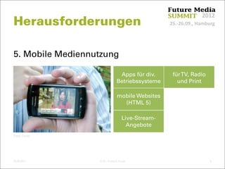 25.‐26.09., Hamburg
2012
5. Mobile Mediennutzung
mobile Websites
(HTML 5)
Apps für div.
Betriebssysteme
fürTV, Radio
und Print
Live-Stream-
Angebote
Herausforderungen
25.09.2012 © Dr. Dominik Faust 6
Foto: Faust
 