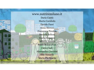 www.nutriremilano.it
      Daria Cantù
    Marta Corubolo
      Davide Fassi
      Anna Meroni
   Francesca Piredda
    Daniela Selloni
    Giulia Simeone
     Alberto Arossa
   Paolo Bolzacchini
       Carlo Casti
  Alessandro Cecchini
      Elio Nasuelli
    Maria Pia Sparla
 