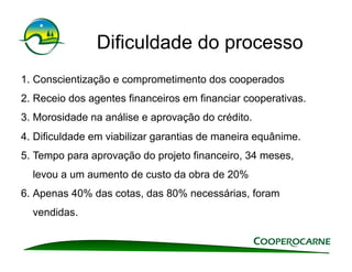 Dificuldade do processo
1. Conscientização e comprometimento dos cooperados
2. Receio dos agentes financeiros em financiar cooperativas.
3. Morosidade na análise e aprovação do crédito.
4. Dificuldade em viabilizar garantias de maneira equânime.
5. Tempo para aprovação do projeto financeiro, 34 meses,
  levou a um aumento de custo da obra de 20%
6. Apenas 40% das cotas, das 80% necessárias, foram
  vendidas.
 