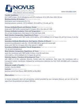Transfer Conditions:Click here to enter text.
24.7 mMTris base, 191.8 mM glycine and 10 % methanol; 45 V, O/N, then 100 V 30 min
Blocking Solution & Duration:Click here to enter text.
blocking at room temperature for 1 hr
blocking solution contents: 137.0 mMNaCl, 19.9 mMTris, 5 % milk, pH 7.6

Primary Antibody Diluent and Dilutions Tested:Click here to enter text.
dilute with TBST buffer (containing 0.1 % tween 20) in the ratio of 1:500
Primary Antibody Incubation Time and Temperature:Click here to enter text.
2hr at room temperature, then keep it in the cold room, O/N
Wash Solution Composition, Repetitions & Times:Click here to enter text.
wash the membrane with TBST buffer (19.9 mMTris, 137.0 mMNaCl, 0.1 % Tween 20, pH7.6) 3 times, 5 min for
each time
Secondary Antibody Manufacturer, Host Species, Dilution, & Diluent:Click here to enter text.
JacsonimmunoResearch, code No.: 115-035-008-100 ul, goat anti mouse IgG.
dilute with TBST (0.1 % tween 20) in the ratio of 1: 10000
Secondary Antibody Incubation Time & Temperature:Click here to enter text.
1 hr at room temperature
Wash Solution Composition, Repetitions, & Times:Click here to enter text.
wash the membrane with TBST buffer 5 times, 5 min for each time
(19.9 mMTris, 137.0 mMNaCl, 0.1 % Tween 20, pH7.6)
Detection System, Procedure & Development Time:Click here to enter text.
add 1000 ul of ECL substrate (thermo, femto) onto the membrane. then cover the membrane with a
transparent plastic membrane, followed by luminescence detection by FUJI FILM LAS-4000 with a exposure
time of 30 s
Molecular weight of band(s):Click here to enter text.
markers: thermo 26616
Controls:Click here to enter text.
positive control from Novus, NBP2-06791 Lot No.0812

Observations:Click here to enter text.

In human embryonic stem cell and positive control provided by your company (Novus), we can not see the
signal from the predicted size (about 100 kDa).
 