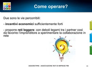 Come operare?

Due sono le vie percorribili:
- incentivi economici sufficientemente forti
- proporre reti leggere: con deboli legami tra i partner così
da favorire l’imprenditore a sperimentare la collaborazione in
rete




                   ASSORETIPMI – ASSOCIAZIONE RETI DI IMPRESE PMI   10
 