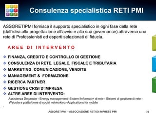 Consulenza specialistica RETI PMI

ASSORETIPMI fornisce il supporto specialistico in ogni fase della rete
(dall’idea alla progettazione all’avvio e alla sua governance) attraverso una
rete di Professionisti ed esperti selezionati di fiducia.

    AREE DI INTERVENTO

 FINANZA, CREDITO E CONTROLLO DI GESTIONE
 CONSULENZA DI RETE, LEGALE, FISCALE E TRIBUTARIA
 MARKETING, COMUNICAZIONE, VENDITE
 MANAGEMENT & FORMAZIONE
 RICERCA PARTNER
 GESTIONE CRISI D’IMPRESA
 ALTRE AREE DI INTERVENTO:
    Assistenza Doganale - Energy management -Sistemi Informativi di rete - Sistemi di gestione di rete -
    Website e piattaforme di social networking -Applications for mobile
•

                                 ASSORETIPMI – ASSOCIAZIONE RETI DI IMPRESE PMI                            21
 
