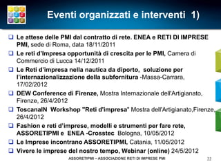 Eventi organizzati e interventi 1)

 Le attese delle PMI dal contratto di rete. ENEA e RETI DI IMPRESE
  PMI, sede di Roma, data 18/11/2011
 Le reti d’Impresa opportunità di crescita per le PMI, Camera di
  Commercio di Lucca 14/12/2011
 Le Reti d’impresa nella nautica da diporto, soluzione per
  l’internazionalizzazione della subfornitura -Massa-Carrara,
  17/02/2012
 DEW Conference di Firenze, Mostra Internazionale dell'Artigianato,
  Firenze, 26/4/2012
 ToscanaIN Workshop "Reti d'impresa" Mostra dell'Artigianato,Firenze,
  26/4/2012
 Fashion e reti d’imprese, modelli e strumenti per fare rete,
  ASSORETIPMI e ENEA -Crosstec Bologna, 10/05/2012
 Le Imprese incontrano ASSORETIPMI, Catania, 11/05/2012
 Vivere le imprese del nostro tempo, Webinar (online) 24/5/2012
                    ASSORETIPMI – ASSOCIAZIONE RETI DI IMPRESE PMI   22
 