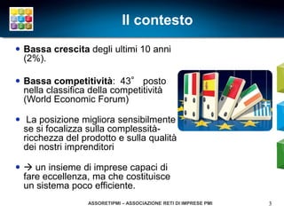 Il contesto
 Bassa crescita degli ultimi 10 anni
  (2%).

 Bassa competitività: 43° posto
  nella classifica della competitività
  (World Economic Forum)

 La posizione migliora sensibilmente
  se si focalizza sulla complessità-
  ricchezza del prodotto e sulla qualità
  dei nostri imprenditori

  un insieme di imprese capaci di
  fare eccellenza, ma che costituisce
  un sistema poco efficiente.
                  ASSORETIPMI – ASSOCIAZIONE RETI DI IMPRESE PMI   3
                                                                   3
 
