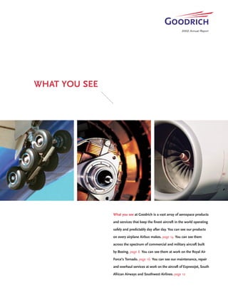 2002 Annual Report




WHAT YOU SEE




               What you see at Goodrich is a vast array of aerospace products

               and services that keep the finest aircraft in the world operating

               safely and predictably day after day. You can see our products

               on every airplane Airbus makes. page 14. You can see them

               across the spectrum of commercial and military aircraft built

               by Boeing. page 8. You can see them at work on the Royal Air

               Force’s Tornado. page 16. You can see our maintenance, repair

               and overhaul services at work on the aircraft of ExpressJet, South

               African Airways and Southwest Airlines. page 12.
 