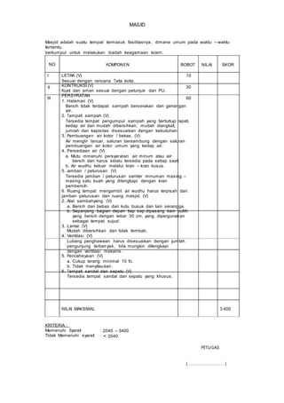 MASJID
Masjid adalah suatu tempat termasuk fasilitasnya, dimana umum pada waktu – waktu
tertentu
berkumpul untuk melakukan ibadah keagamaan Islam.
NO
I
II
III
KOMPONEN
LETAK (V)
Sesuai dengan rencana Tata kota.
KONTRUKSI (V)
Kuat dan aman sesuai dengan petunjuk dari PU.
PERSYRATAN
1. Halaman (V)
BOBOT
10
30
60
NILAI SKOR
Bersih tidak terdapat sampah berserakan dan genangan
air.
2. Tempat sampah (V)
Tersedia tempat pengumpul sampah yang tertutup rapat,
kedap air dan mudah dibersihkan, mudah diangkat,
jumlah dan kapisitas disesuaikan dengan kebutuhan.
3. Pembuangan air kotor / bekas. (V)
Air menglir lancar, saluran bersambung dengan saluran
pembuangan air kotor umum yang kedap air.
4. Persediaan air (V)
a. Mutu mmenuhi persyaratan air minum atau air
bersih dan harus selalu tersedia pada setiap saat.
b. Air wudhu keluar melalui kran – kran kusus.
5. Jamban / peturusan (V)
Tersedia jamban / peturusan seniter minuman masing –
masing satu buah yang dilengkapi dengan kran
pembersih.
6. Ruang tempat mengambil air wudhu harus terpisah dari
jamban peturusan dan ruang mesjid. (V)
2. Alat sembahyang (V)
a. Bersih dan bebas dari kutu busuk dan lain serangga.
b. Sepanjang bagian depan tiap sap dipasang kain putih
yang bersih dengan lebar 30 cm, yang dipergunakan
sebagai tempat sujud.
3. Lantai (V)
Mudah dibersihkan dan tidak lembab.
4. Ventilasi (V)
Lubang penghawaan harus disesuaikan dengan jumlah
pengunjung terbanyak, bila mungkin dilengkapi
dengan ventilasi mekanis.
5. Pencahayaan (V)
a. Cukup terang minimal 10 fc.
b. Tidak menyilaukan.
6. Tempat sandal dan sepatu (V)
Tersedia tempat sandal dan sepatu yang khusus.
NILAI MAKSIMAL 3.400
KRITERIA :
Memenuhi Syarat
Tidak Memenuhi syarat
: 2040 – 3400
: < 2040
PETUGAS
( …………………… )
 