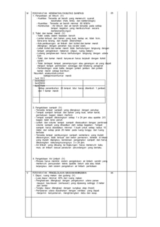 IV PERSYARATAN KESEHATAN FASILITAS SANITASI 25
1. Penyediaan air minum (V)
- Kualitas: Tersedia air bersih yang memenuhi syarat
kesehatan (fisik, kimia, dan bakteriologis)
- Kuantitas: Tersedia air bersih minimal 60 lt/tt/hr
- Kontinuitas : Air minum dan air bersih tersedia pada setiap
tempat kegiatan yang membutuhkan secara
berkesinambungan
2. Toilet dan kamar mandi (V)
- Toilet selalu dalam keadaan bersih
- Lantai terbuat dari bahan yang kuat, kedap air, tidak licin,
berw arna terang, dan mudah dibersihkan
- Ada pembuangan air limbah dari toilet dan kamar mandi
dilengkapi dengan penahan bau (w ater seal)
- Letak toilet dan kamar mandi tidak berhubungan langsung dengan
tempat pengelolaan makanan (dapur, ruang makan)
- Lubang penghaw aan harus berhubungan langsung dengan udara
luar.
- Toilet dan kamar mandi karyaw an harus terpisah dengan toilet
santri
- Tidak terdapat tempat penampungan atau genangan air yang dapat
menjadi tempat perindukan serangga dan binatang pengerat
- Perbandingan anak balita dengan jumlah jamban dan jumlah
kamar mandi sebagi berikut:
NoJumlah anakJumlahJumlah
balitajambanKamar mandi
1s/d 1511
2s/d 3022
3s/d 5033
4s/d 7544
Setiap penambahan 25 tempat tidur harus ditambah 1 jamban
dan 1 kamar mandi
3. Pengelolaan sampah (V)
- Tersedia tempat sampah yang dilengkapi dengan penutup
- Tempat sampah terbuat dari bahan yang kuat, tahan karat,
permukaan bagian dalam rta/licin
- Tempat sampah dikosongkan setiap 1 x 24 jam atau apabila 2/3
bagian telah terisi penuh
- Jumlah dan volume tempat sampah disesuaikan dengan perkiraan
volume sampah yang dihasilkan oleh setiap kegiatan. Tempat
sampah harus disediakan minimal 1 buah untuk setiap radius 10
meter dan setiap jarak 20 meter pada ruang tunggu dan ruang
terbuka
- Tersedia tempat pembuangan sampah sementara yang mudah
dikosongkan, tidak terbuat dari beton permanen, terletak di lokasi
yang mudah dijangkau kendaraan pengangkut sampah dan harus
dikosongkan sekurang-kurangnya 3 x 24 jam.
- Air limbah yang dibuang ke lingkungan harus memenuhi baku
mutu air limbah sesuai peraturan perundangan yang berlaku.
4. Pengelolaan Air Limbah (V)
- Ponpes harus memiliki sistem pengelolaan air limbah sendiri yang
memenuhi persyaratan teknis apabila belum ada atau tidak
terjangkau oleh sistem pengolahan air limbah perkotaan
V PERSYARATAN PENGELOLAAN MAKANAN/MINUMAN 44
1. Dapur, ruang makan dan gudang (V)
- Luas dapur minimal 40% dari ruang makan
- Penghaw aan dilengkapi dengan pengeluaran udara panas
maupun bau-bauan (exhauser) yang dipasang setinggi 2 meter
dari lantai
- Tungku dapur dilengkapi dengan sungkup atap (hood)
- Pertukaran udara diusahakan dengan ventilasi yang dapat
menjamin kenyamanan, menghilangkan debu dan asap.
 
